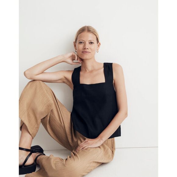 NWT Madewell Linen-Blend Cross-Back Sleeveless Top in True Black Size 0 - Picture 5 of 13